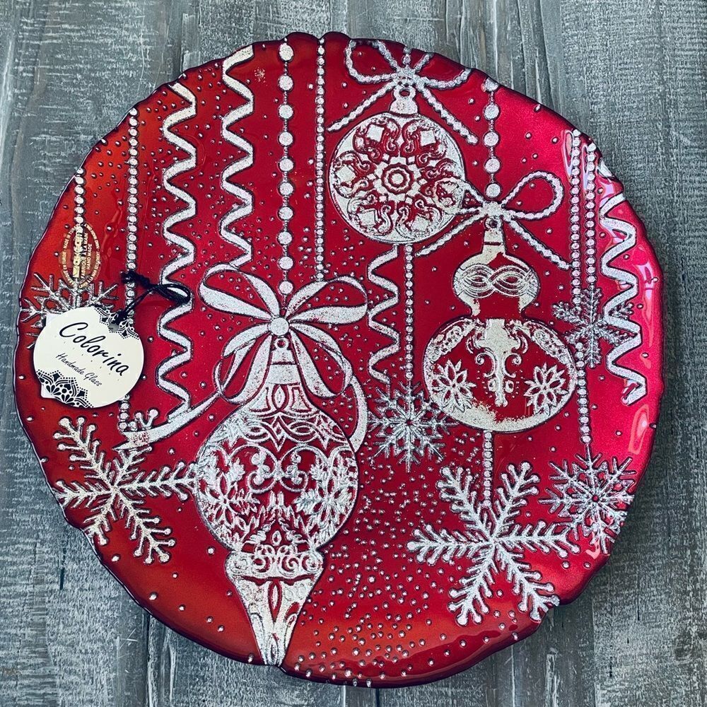 Christmas Ornament Red Silver Handmade Glass Bowl Dish
